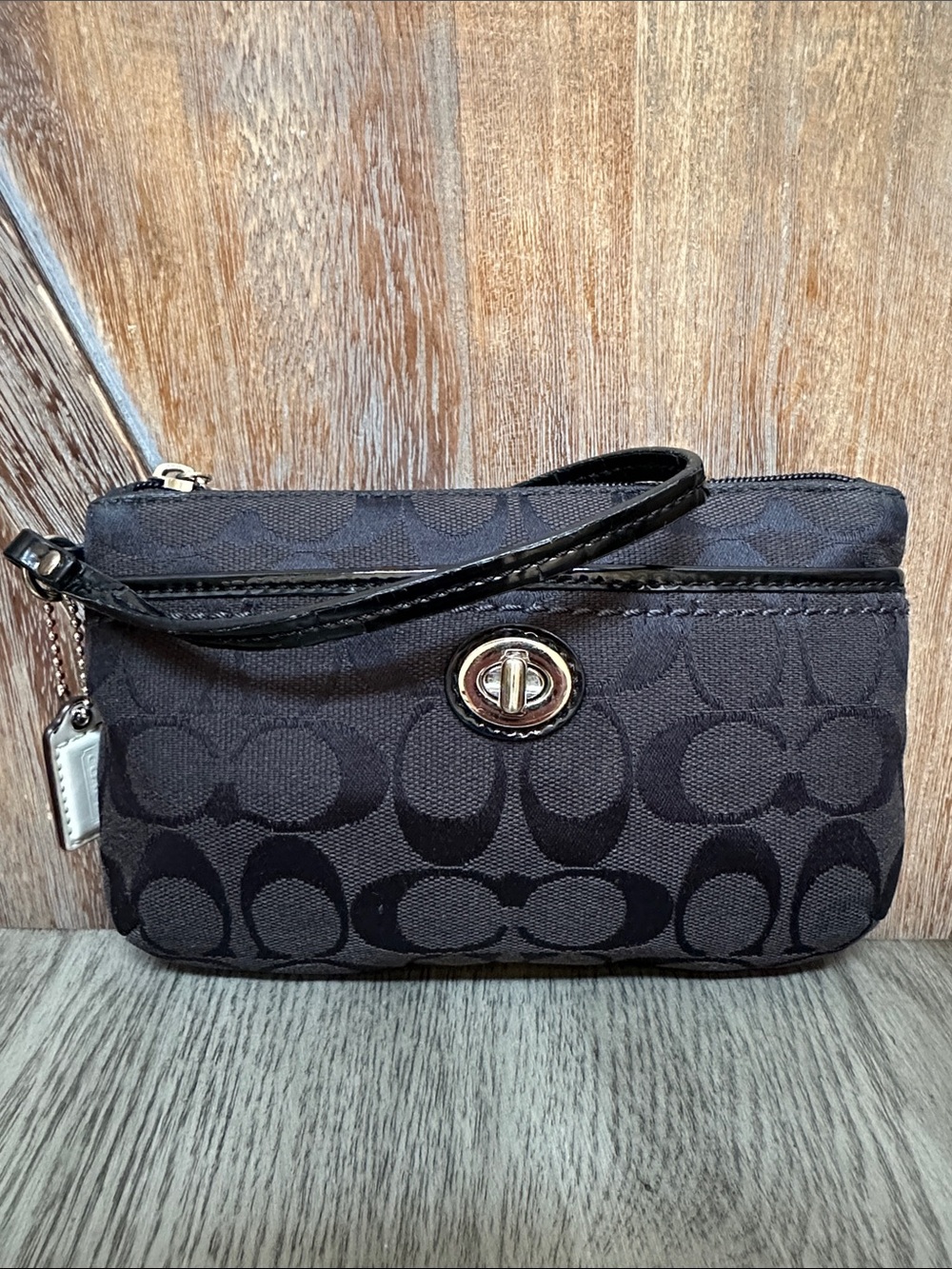 Coach Black Signature Jacquard Wristlet with Turnlock